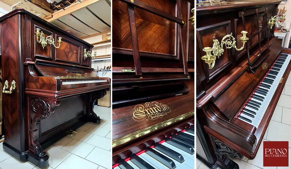 Piano droit oblique ERARD 1899 palissandre frisé
